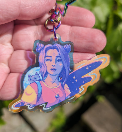 Time Travel Girl Rainbow Acrylic Keychain