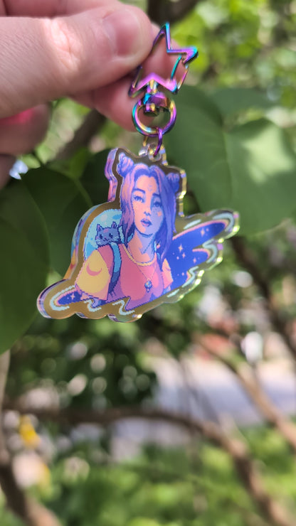 Time Travel Girl Rainbow Acrylic Keychain